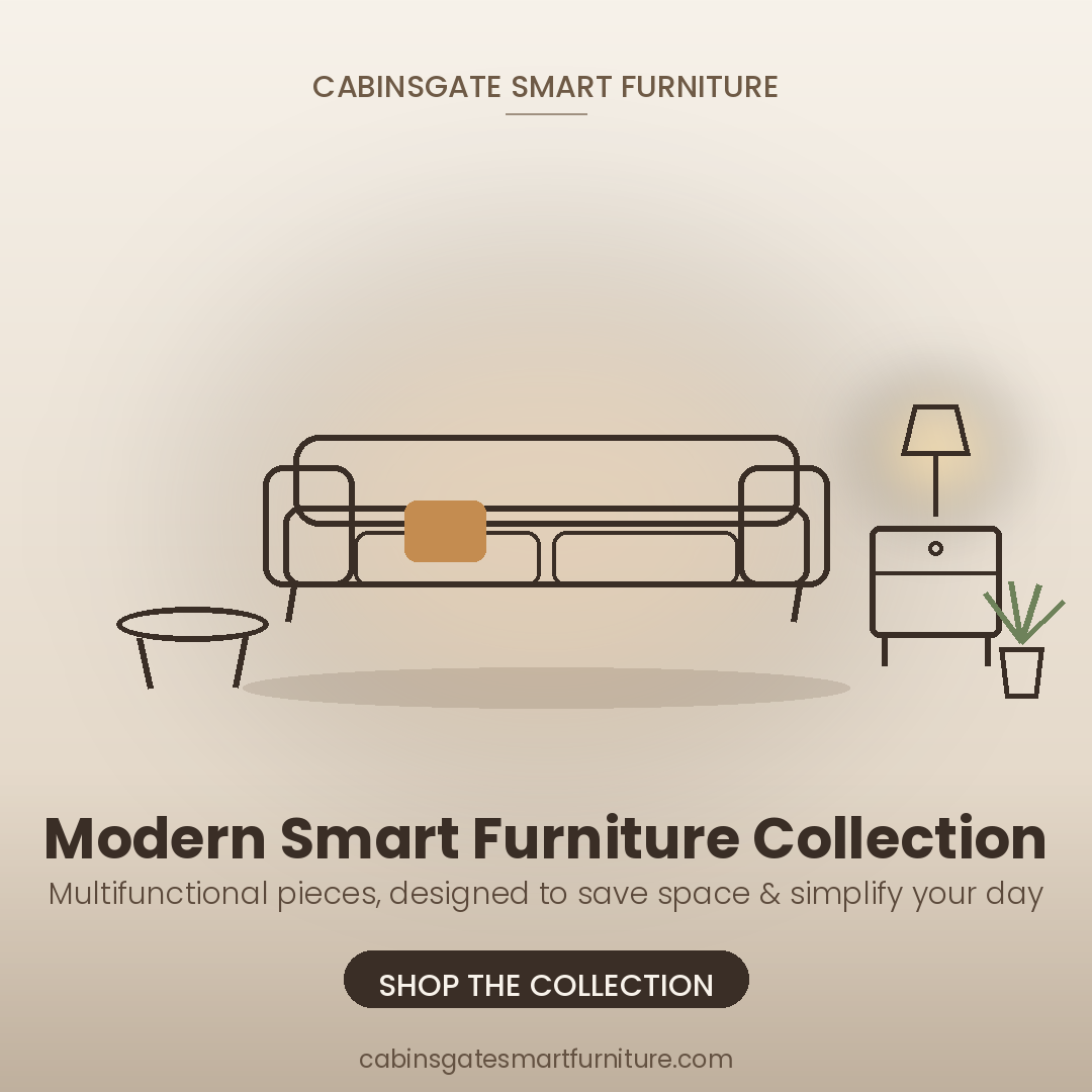 Modern smart furniture collection illustration featuring a sofa, side table, and lamp. Multifunctional pieces designed to save space and simplify your daily生活.