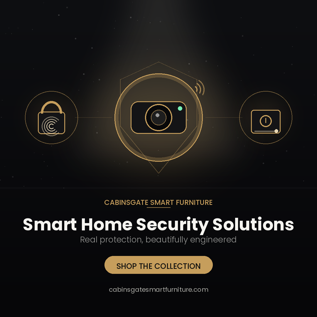Smart home security solutions featuring icons for fingerprint locks, security cameras, and safes with gold accents on a dark background.