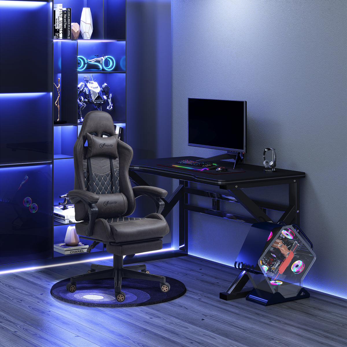 Racing Gaming Chair Diamond PU Leather Office Gamer Chair High Back Swivel Recliner With Footrest, Lumbar Support, Adjustable Height, Brown by CABINSGATE SMART FURNITURE