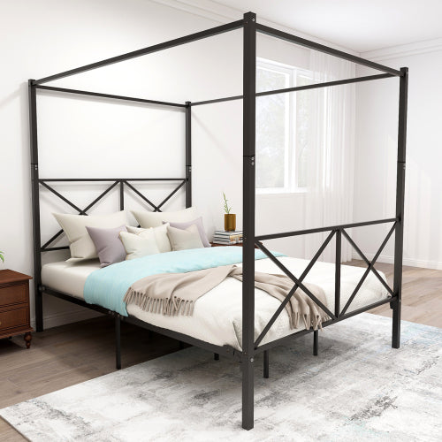 Metal Canopy Bed Frame, Platform Bed Frame Queen With X Shaped Frame Queen Black by CABINSGATE SMART FURNITURE