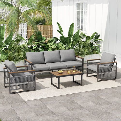 4-Pieces Outdoor Metal Patio Furniture Set, 5-Seat Patio Furniture Sofa Set With Cushion, Modern Outdoor Furniture Deep Seating For Porch, Garden, Backyard, Balcony, Grey & Natural by CABINSGATE SMART FURNITURE