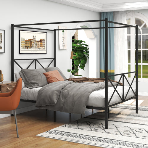 Metal Canopy Bed Frame, Platform Bed Frame Queen With X Shaped Frame Queen Black by CABINSGATE SMART FURNITURE