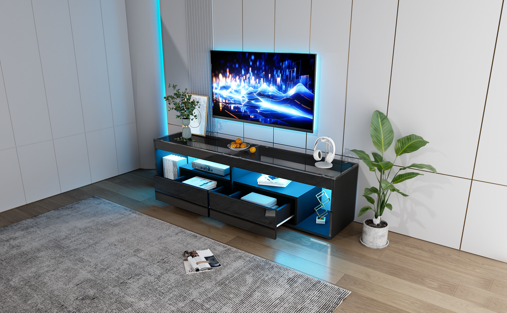 High Gloss TV Stand With 2 Drawers,Glass Tabletop by CABINSGATE SMART FURNITURE