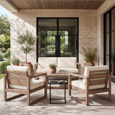 4-Pieces Acacia Wood Patio Furniture Set, Outdoor Furniture With Coffee Table, Patio Conversation Set Deep Seating With Soft Cushion, Porch Chairs For Porch Balcony, Brown Wash, Beige by CABINSGATE SMART FURNITURE