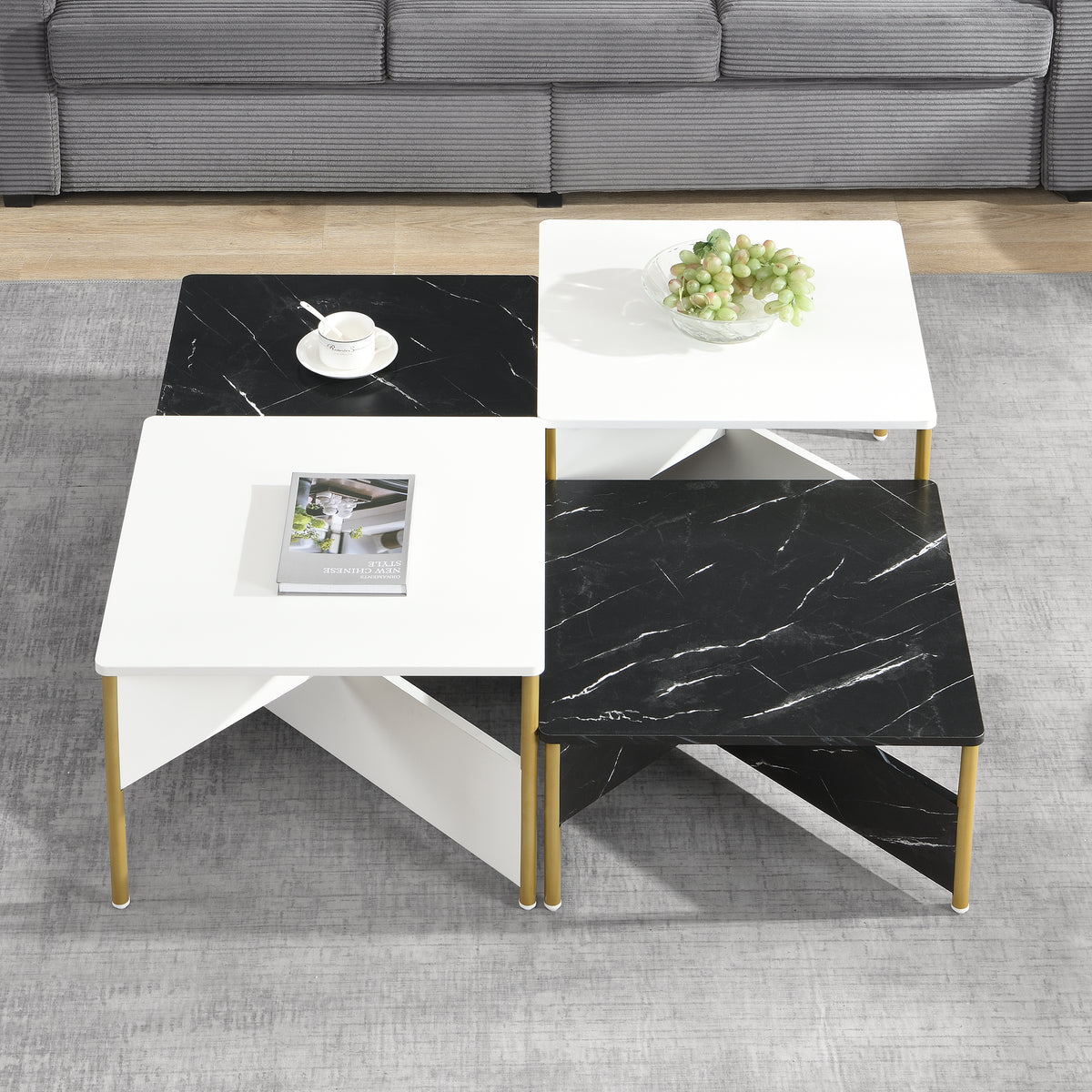 Modern Square Nesting Coffee Tables Set Of 4, Free Adjustable Shape,Versatile And Stylish Accent Furniture For Your Living Room Black & White Color by CABINSGATE SMART FURNITURE