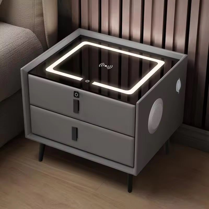 Square 3 Color Light Wireless Charger Wooden Bedside Table With Storage Drawer