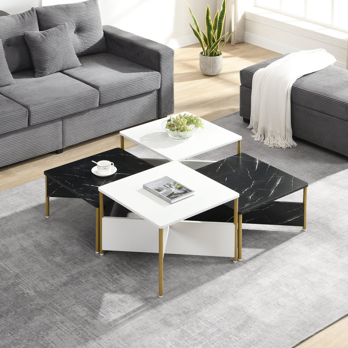 Modern Square Nesting Coffee Tables Set Of 4, Free Adjustable Shape,Versatile And Stylish Accent Furniture For Your Living Room Black & White Color by CABINSGATE SMART FURNITURE