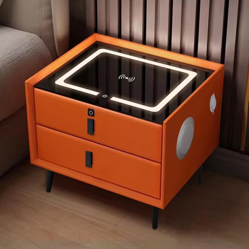 Square 3 Color Light Wireless Charger Wooden Bedside Table With Storage Drawer
