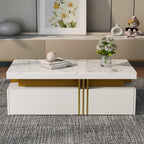 Modern White Rectangular Coffee Table With Marble Pattern Triamine Board Top And 2 Wooden Drawers, Living Room Table, 100x50x40cm by CABINSGATE SMART FURNITURE