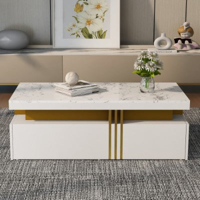 Modern White Rectangular Coffee Table With Marble Pattern Triamine Board Top And 2 Wooden Drawers, Living Room Table, 100x50x40cm by CABINSGATE SMART FURNITURE