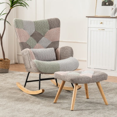 Rocking Chair, Fabric Relaxing Chair Wingback Accent Chair With Solid Wood Legs, Accent Armchair With Ottoman Single Sofa, Chair With Footstool And Pillow For Home Living Room Bedroom, Multicolour by CABINSGATE SMART FURNITURE