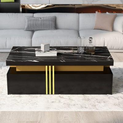 Modern White Rectangular Coffee Table With Marble Pattern Triamine Board Top And 2 Wooden Drawers, Living Room Table, 100x50x40cm by CABINSGATE SMART FURNITURE
