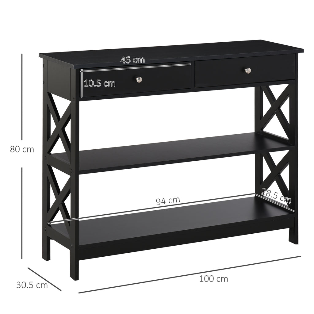 Console Table Side Desk W/ Shelves Drawers Open Top X Support Frame Living Room Hallway Home Office Furniture Black by CABINSGATE SMART FURNITURE