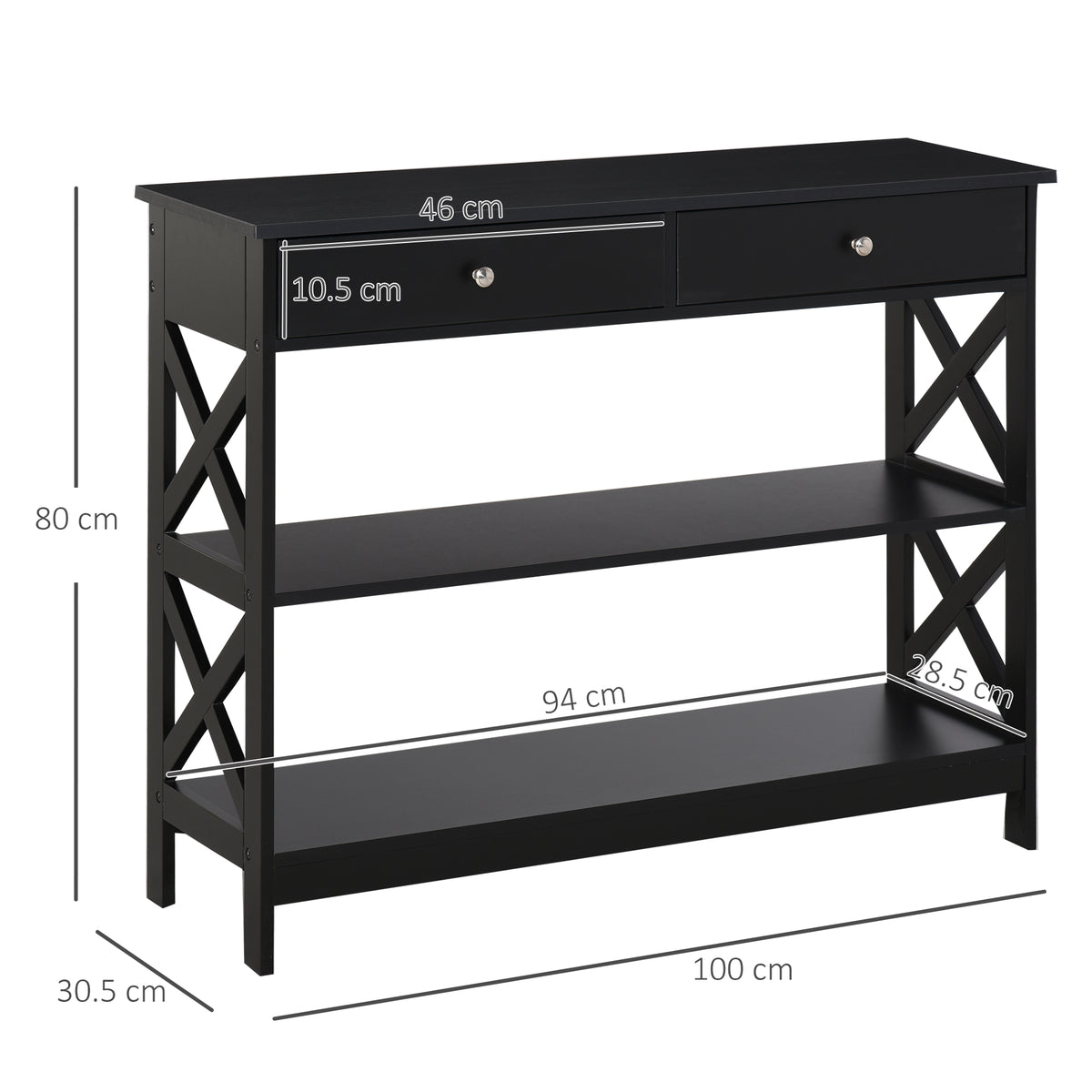 Console Table Side Desk W/ Shelves Drawers Open Top X Support Frame Living Room Hallway Home Office Furniture Black by CABINSGATE SMART FURNITURE