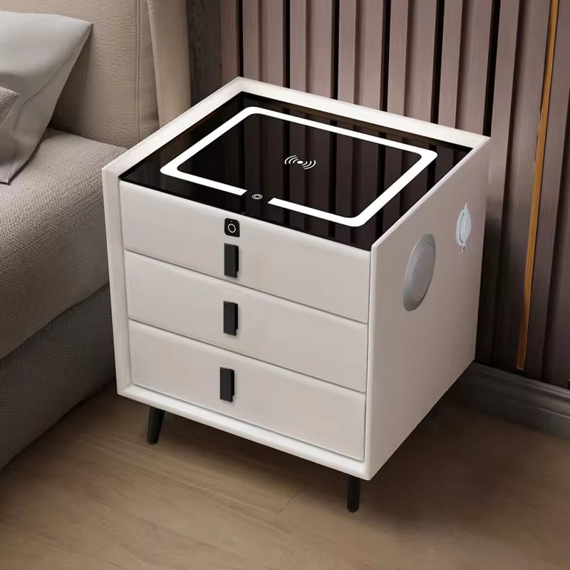 Square 3 Color Light Wireless Charger Wooden Bedside Table With Storage Drawer