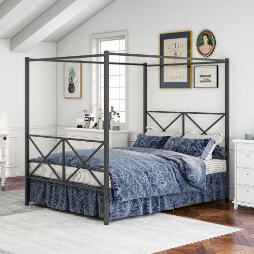 Metal Canopy Bed Frame, Platform Bed Frame Queen With X Shaped Frame Queen Black by CABINSGATE SMART FURNITURE