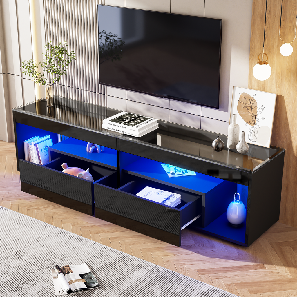 High Gloss TV Stand With 2 Drawers,Glass Tabletop by CABINSGATE SMART FURNITURE