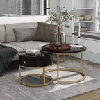 Round Coffee Tables With Drawer, Removable Set Of 2 End Table, Nesting Tables With Storage Gold Metal Frame Legs And Marble Pattern by CABINSGATE SMART FURNITURE