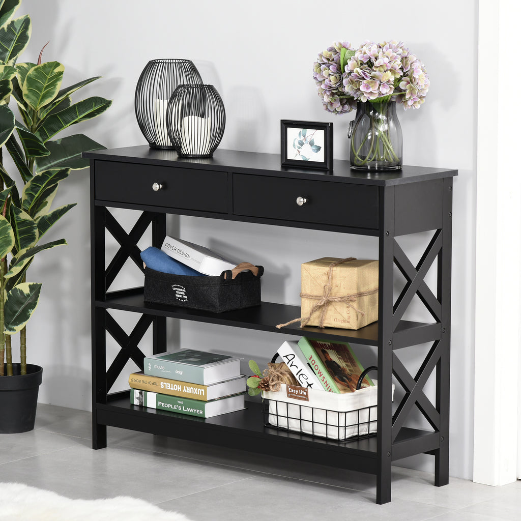Console Table Side Desk W/ Shelves Drawers Open Top X Support Frame Living Room Hallway Home Office Furniture Black by CABINSGATE SMART FURNITURE