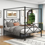 Metal Canopy Bed Frame, Platform Bed Frame Queen With X Shaped Frame Queen Black by CABINSGATE SMART FURNITURE