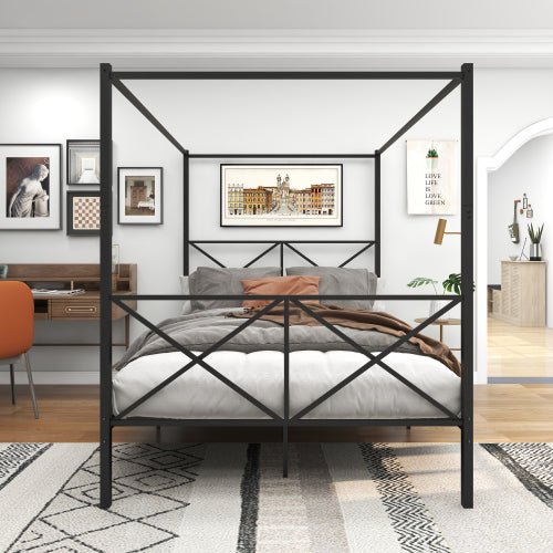 Metal Canopy Bed Frame, Platform Bed Frame Queen With X Shaped Frame Queen Black by CABINSGATE SMART FURNITURE