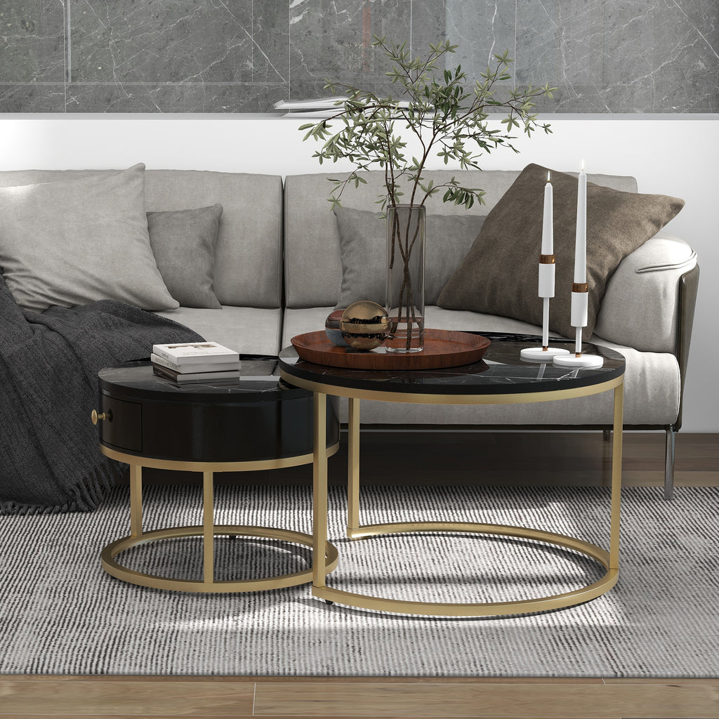 Round Coffee Tables With Drawer, Removable Set Of 2 End Table, Nesting Tables With Storage Gold Metal Frame Legs And Marble Pattern by CABINSGATE SMART FURNITURE