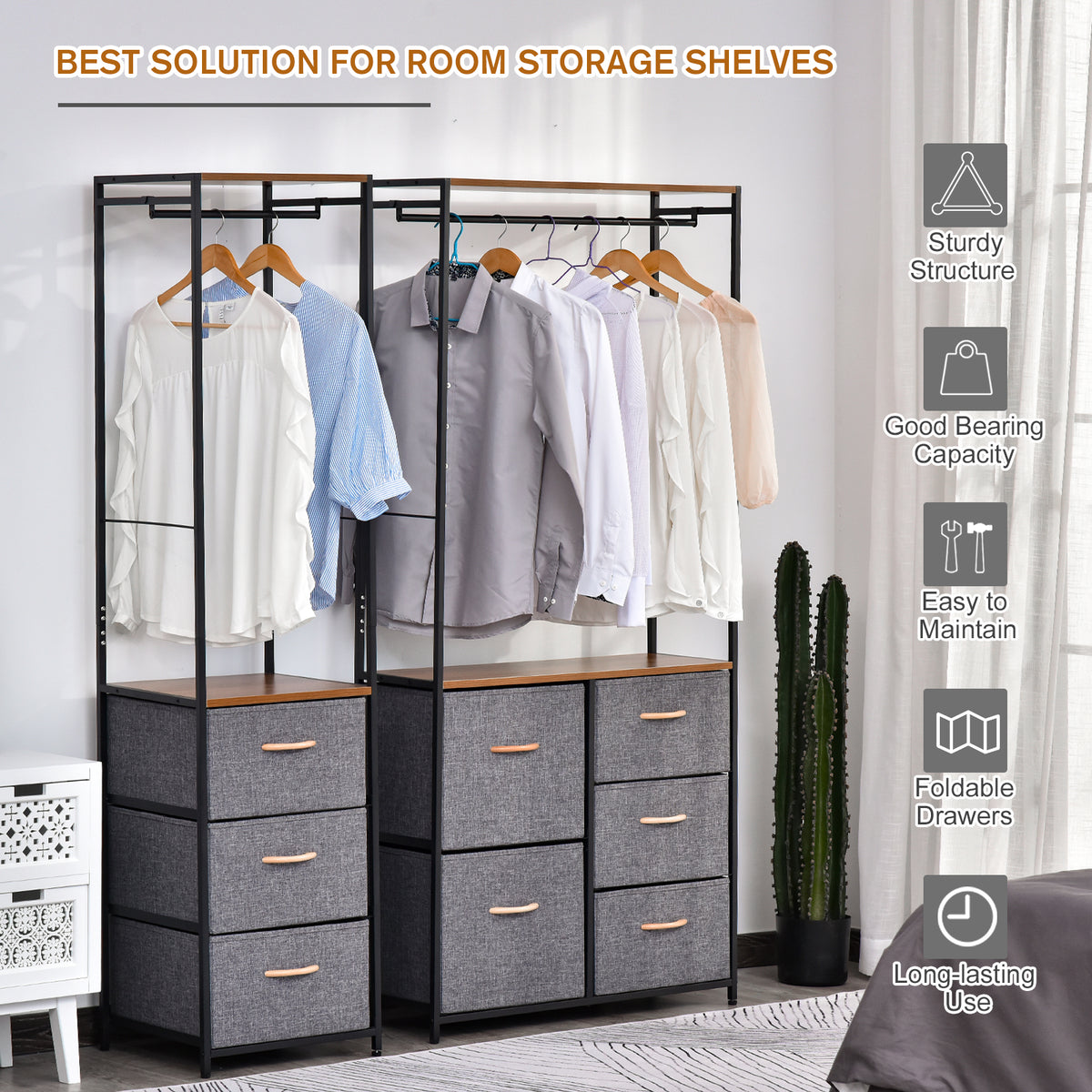 Chest Of Drawers With Coat Rack Steel Frame 5 Drawers Bedroom Hallway Home Furniture Black Brown by CABINSGATE SMART FURNITURE