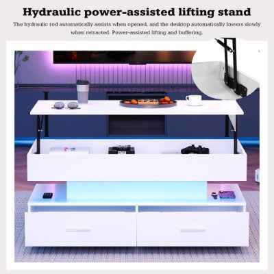 Hydraulic Lift Top Coffee Table, LED Coffee Tables With Storage For Living Room, Coffee Table With 2 Drawers & LED Light, White