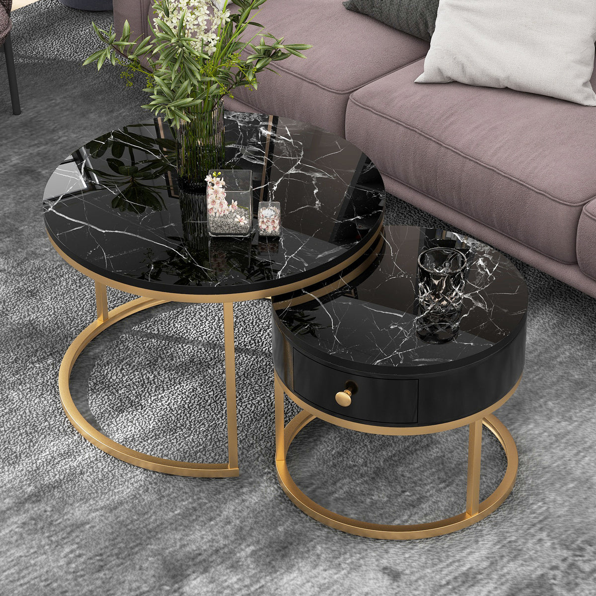 Round Coffee Tables With Drawer, Removable Set Of 2 End Table, Nesting Tables With Storage Gold Metal Frame Legs And Marble Pattern by CABINSGATE SMART FURNITURE