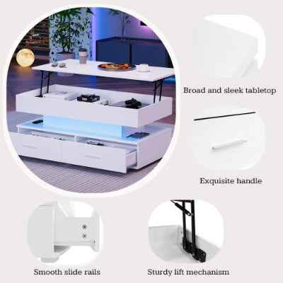 Hydraulic Lift Top Coffee Table, LED Coffee Tables With Storage For Living Room, Coffee Table With 2 Drawers & LED Light, White