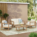 4-Pieces Acacia Wood Patio Furniture Set, Outdoor Furniture With Coffee Table, Patio Conversation Set Deep Seating With Soft Cushion, Porch Chairs For Porch Balcony, Brown Wash, Beige by CABINSGATE SMART FURNITURE