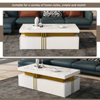 Modern White Rectangular Coffee Table With Marble Pattern Triamine Board Top And 2 Wooden Drawers, Living Room Table, 100x50x40cm by CABINSGATE SMART FURNITURE