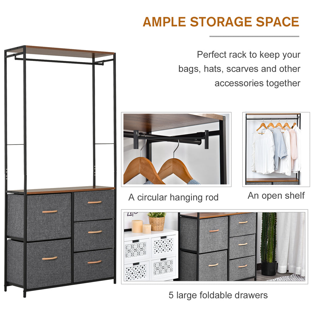 Chest Of Drawers With Coat Rack Steel Frame 5 Drawers Bedroom Hallway Home Furniture Black Brown by CABINSGATE SMART FURNITURE