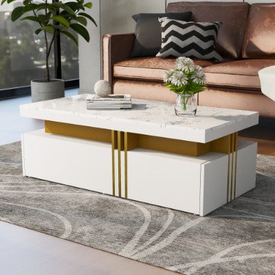 Modern White Rectangular Coffee Table With Marble Pattern Triamine Board Top And 2 Wooden Drawers, Living Room Table, 100x50x40cm by CABINSGATE SMART FURNITURE