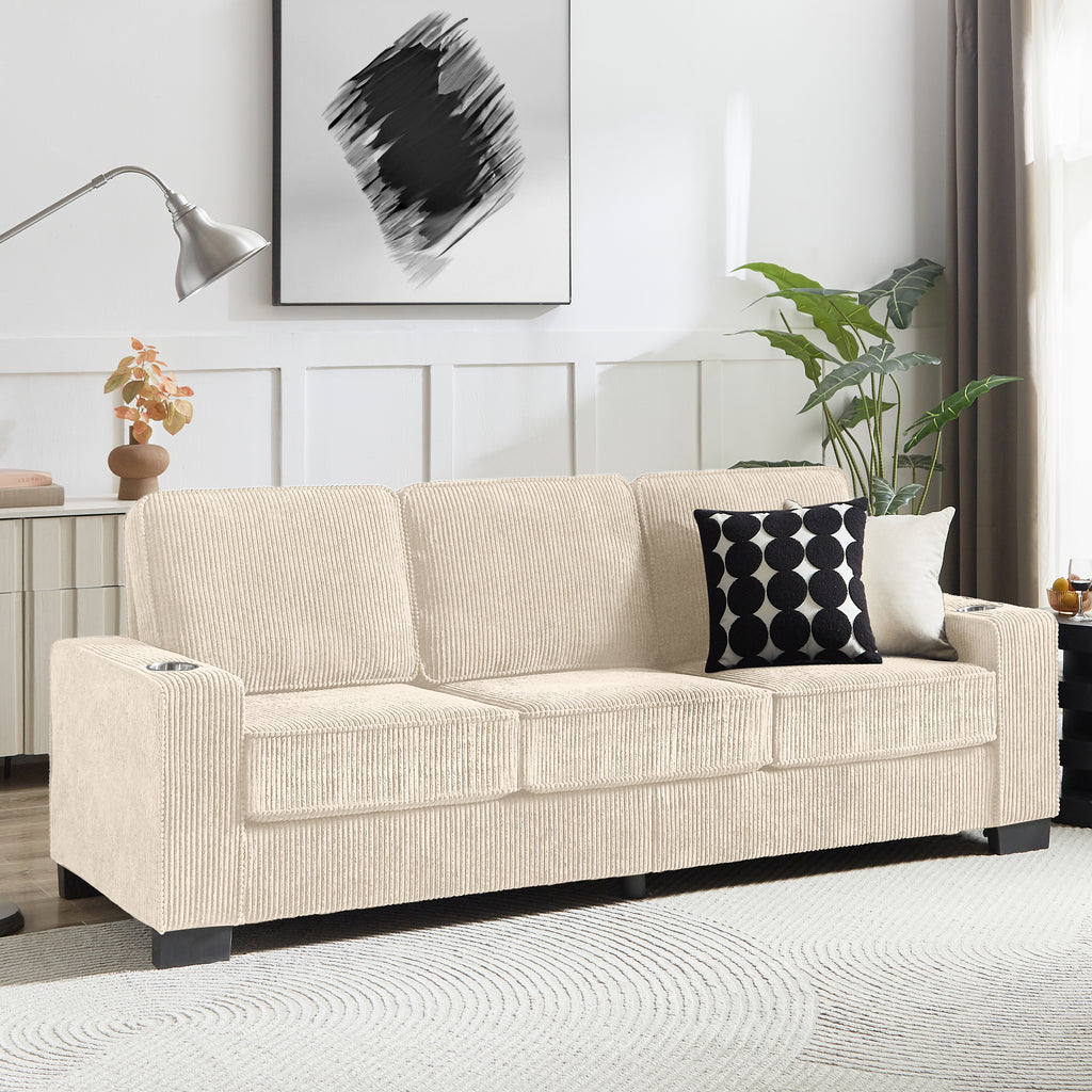 Compressed Fabric Beige 3-Seater Couch, Furniture For Living Room,Bedroom,office 83.86 Corduroy Fabric Sofa by CABINSGATE SMART FURNITURE