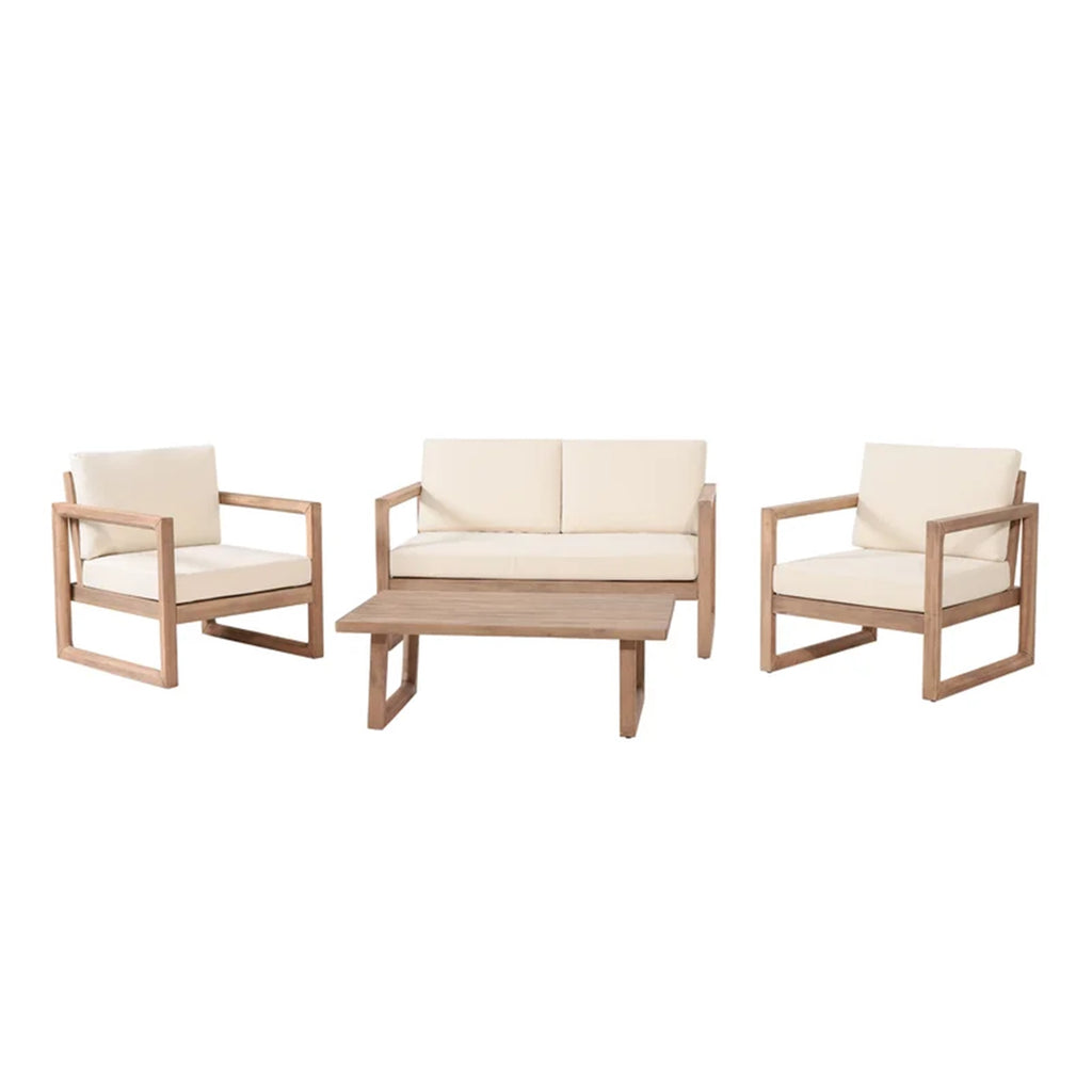 4-Pieces Acacia Wood Patio Furniture Set, Outdoor Furniture With Coffee Table, Patio Conversation Set Deep Seating With Soft Cushion, Porch Chairs For Porch Balcony, Brown Wash, Beige by CABINSGATE SMART FURNITURE