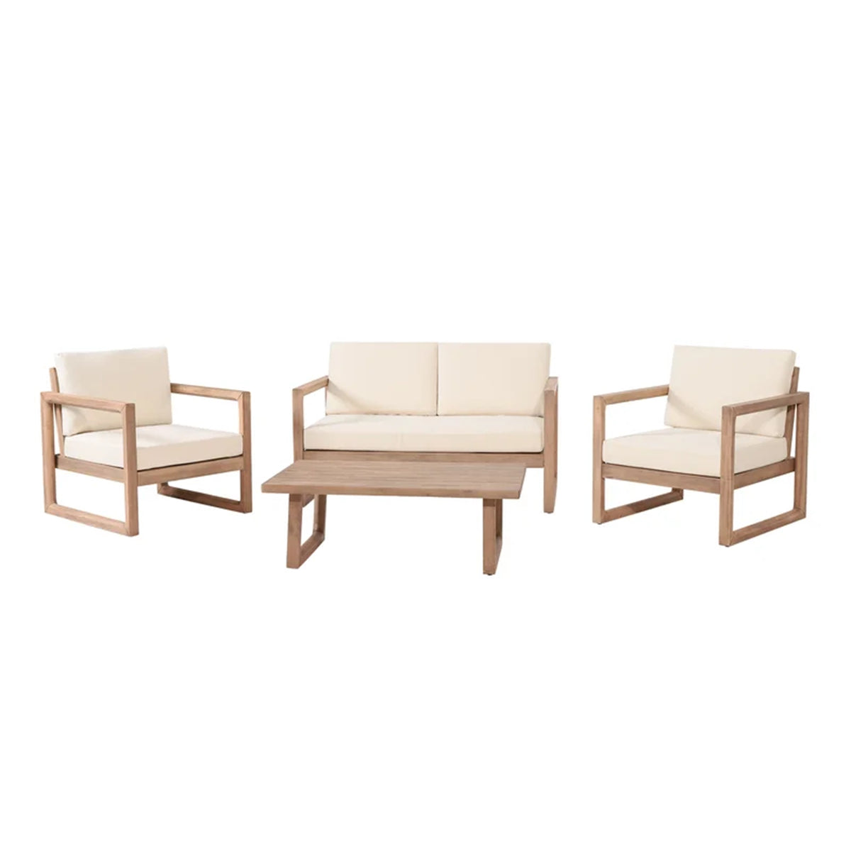 4-Pieces Acacia Wood Patio Furniture Set, Outdoor Furniture With Coffee Table, Patio Conversation Set Deep Seating With Soft Cushion, Porch Chairs For Porch Balcony, Brown Wash, Beige by CABINSGATE SMART FURNITURE
