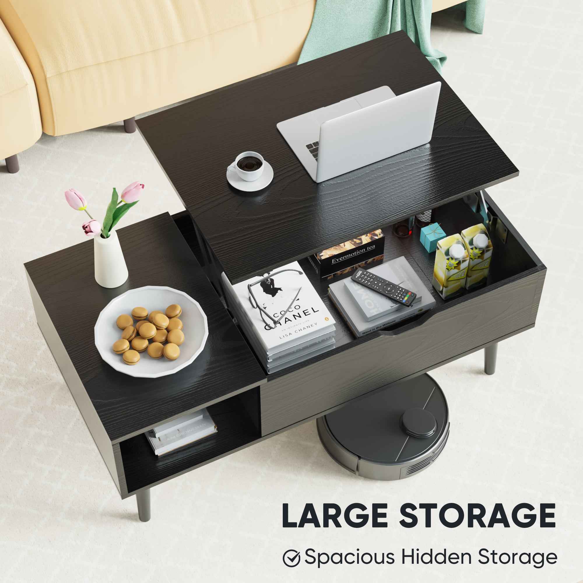 Lift Tabletop Coffee Tables For Living Room With Storage Shelf And Hidden Compartment