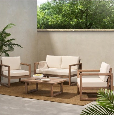 4-Pieces Acacia Wood Patio Furniture Set, Outdoor Furniture With Coffee Table, Patio Conversation Set Deep Seating With Soft Cushion, Porch Chairs For Porch Balcony, Brown Wash, Beige by CABINSGATE SMART FURNITURE