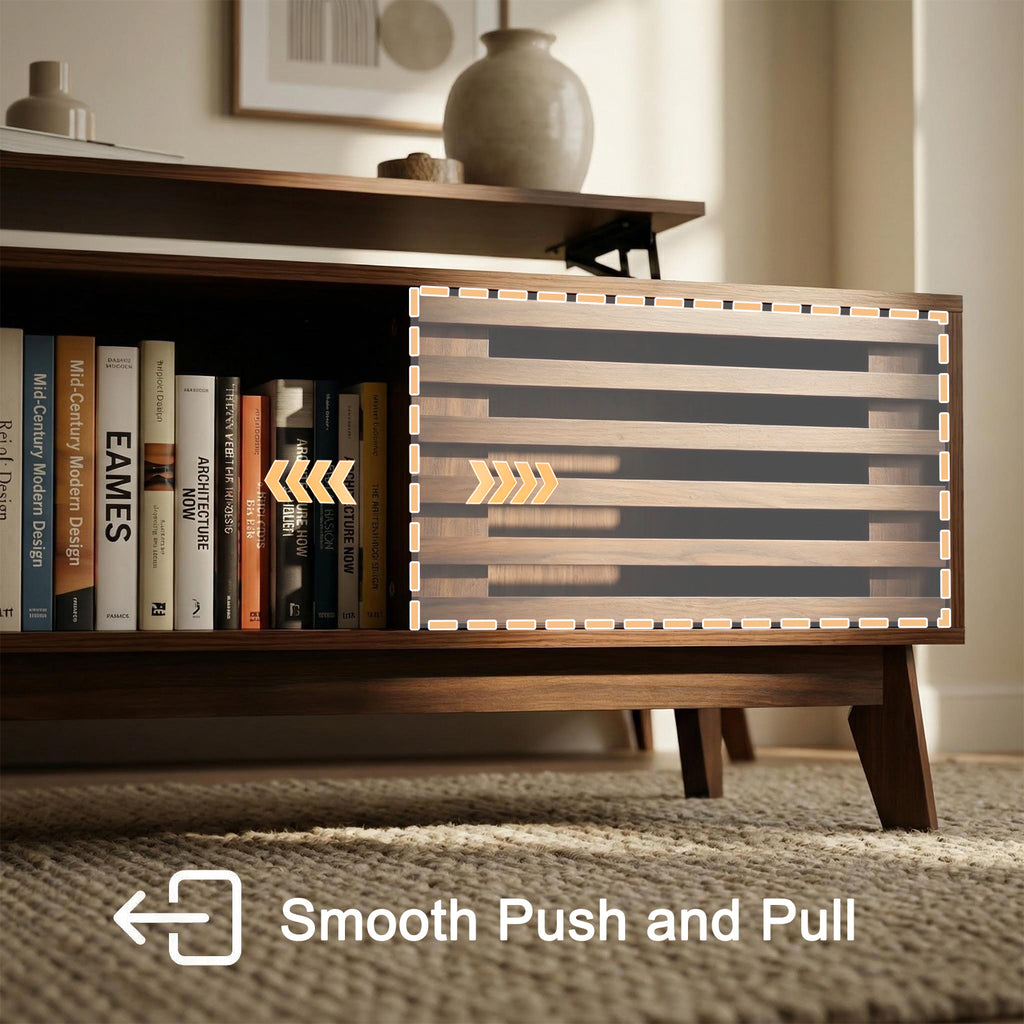Mid Century Modern Coffee Table With Slatted Sliding Door And Hidden Compartment, 35.4 Coffee Table With Lifting Top, Coffee Tables For Living Room, Walnut by CABINSGATE SMART FURNITURE