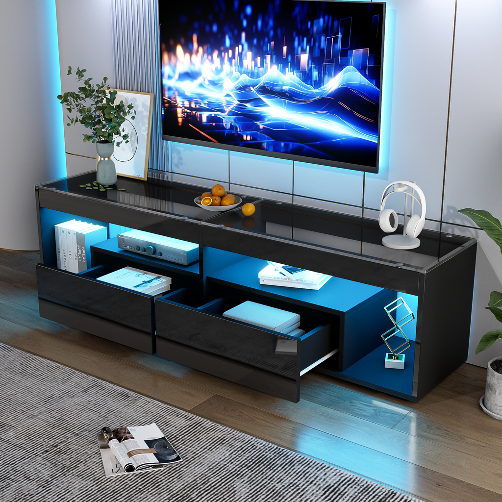 High Gloss TV Stand With 2 Drawers,Glass Tabletop by CABINSGATE SMART FURNITURE