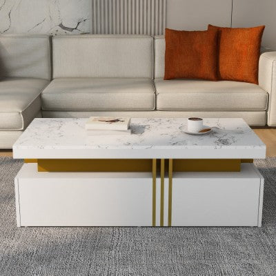 Modern White Rectangular Coffee Table With Marble Pattern Triamine Board Top And 2 Wooden Drawers, Living Room Table, 100x50x40cm by CABINSGATE SMART FURNITURE