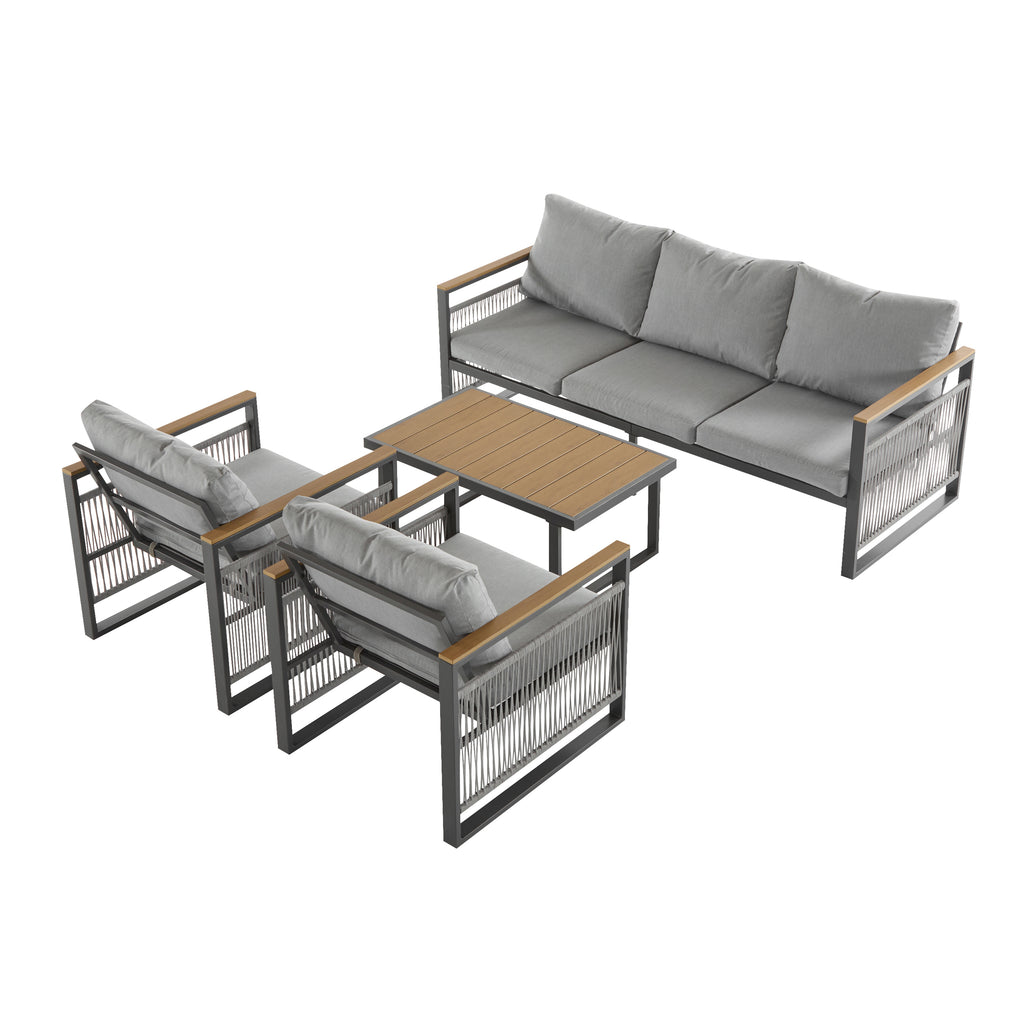 4-Pieces Outdoor Metal Patio Furniture Set, 5-Seat Patio Furniture Sofa Set With Cushion, Modern Outdoor Furniture Deep Seating For Porch, Garden, Backyard, Balcony, Grey & Natural by CABINSGATE SMART FURNITURE