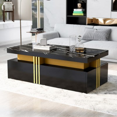 Modern White Rectangular Coffee Table With Marble Pattern Triamine Board Top And 2 Wooden Drawers, Living Room Table, 100x50x40cm by CABINSGATE SMART FURNITURE
