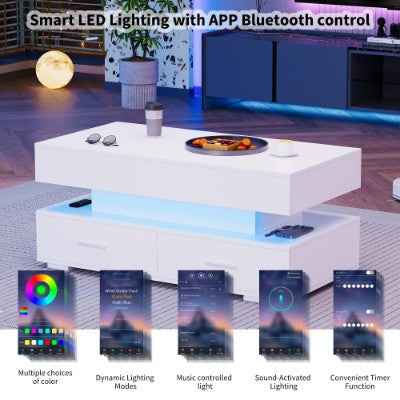 Hydraulic Lift Top Coffee Table, LED Coffee Tables With Storage For Living Room, Coffee Table With 2 Drawers & LED Light, White