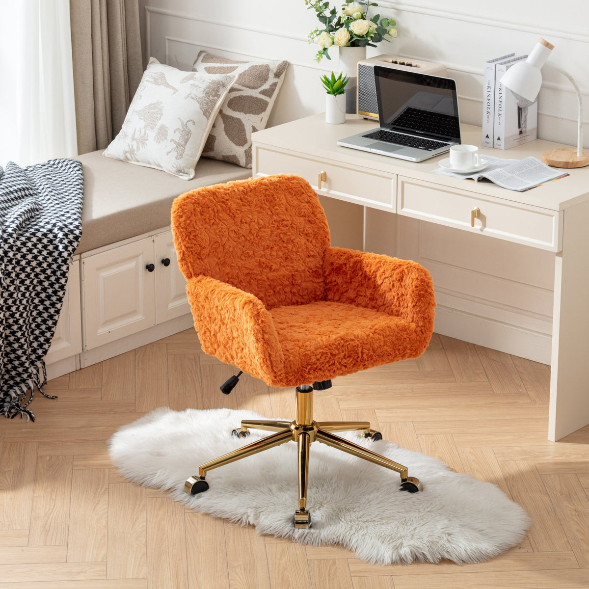 AA Furniture Office Chair,Artificial Rabbit Hair Home Office Chair With Golden Metal Base,Adjustable Desk Chair Swivel Office Chair,Vanity Chair Orange by CABINSGATE SMART FURNITURE