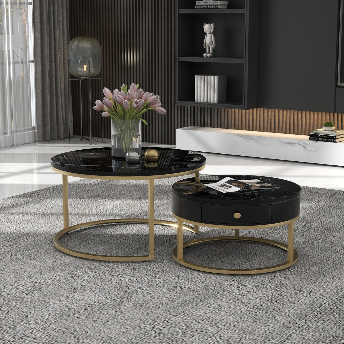 Round Coffee Tables With Drawer, Removable Set Of 2 End Table, Nesting Tables With Storage Gold Metal Frame Legs And Marble Pattern by CABINSGATE SMART FURNITURE