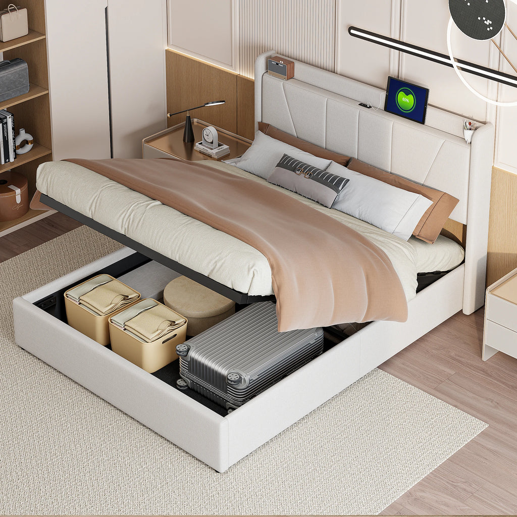 Upholstered Double Bed with Under bed storage space, LED Headboard with USB/Type C, Storage Bed Frame with Slatted Frame