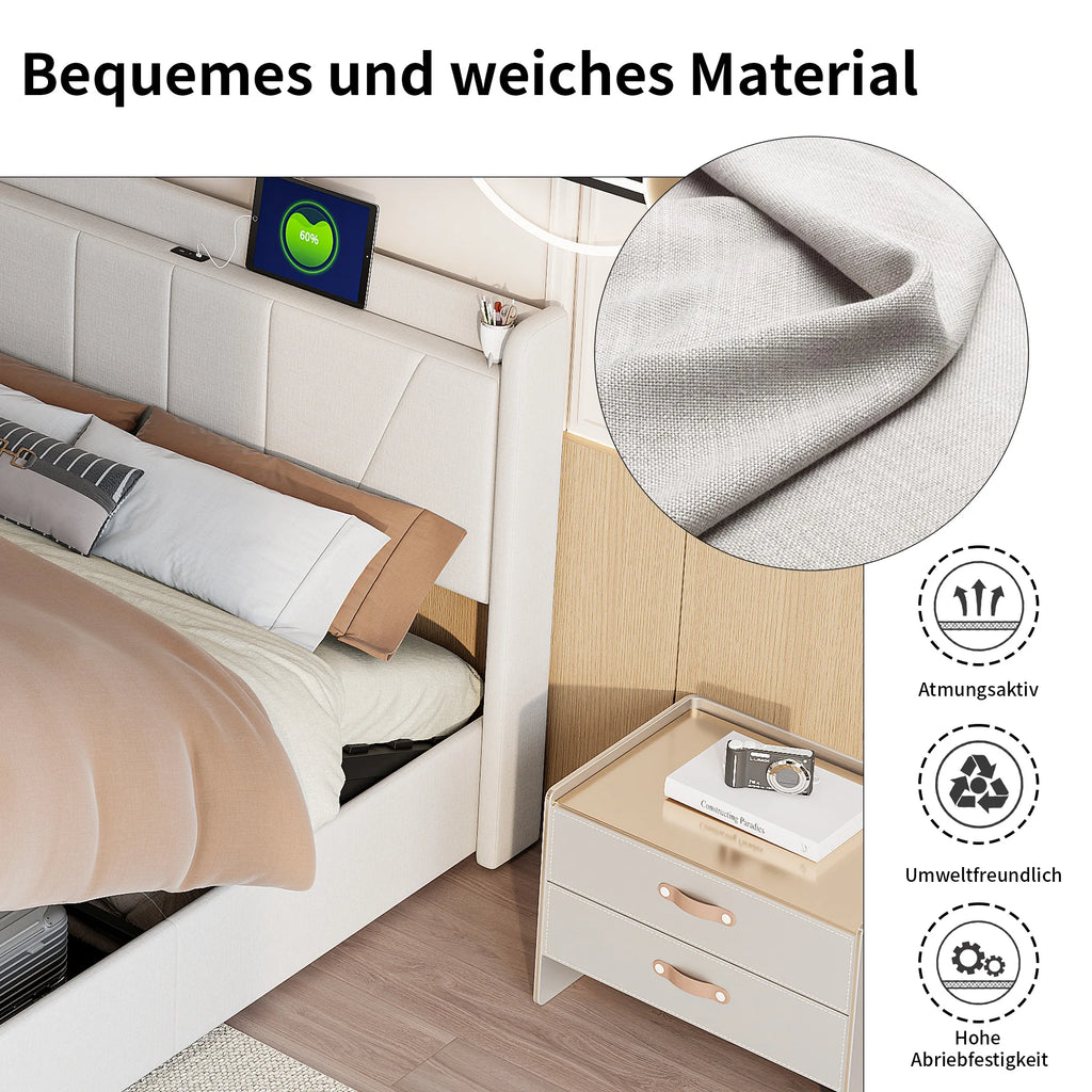 Upholstered Double Bed with Under bed storage space, LED Headboard with USB/Type C, Storage Bed Frame with Slatted Frame