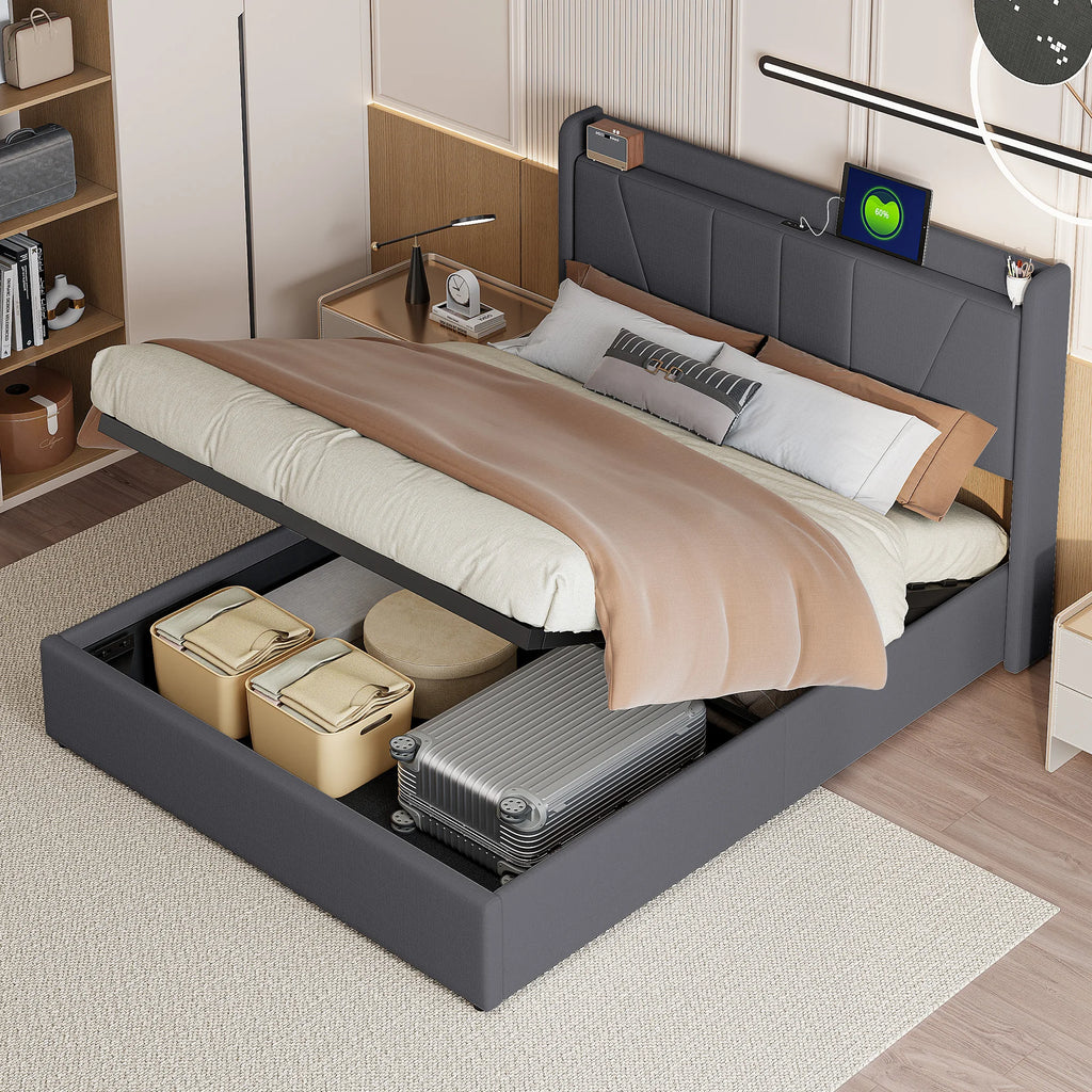 Upholstered Double Bed with Under bed storage space, LED Headboard with USB/Type C, Storage Bed Frame with Slatted Frame